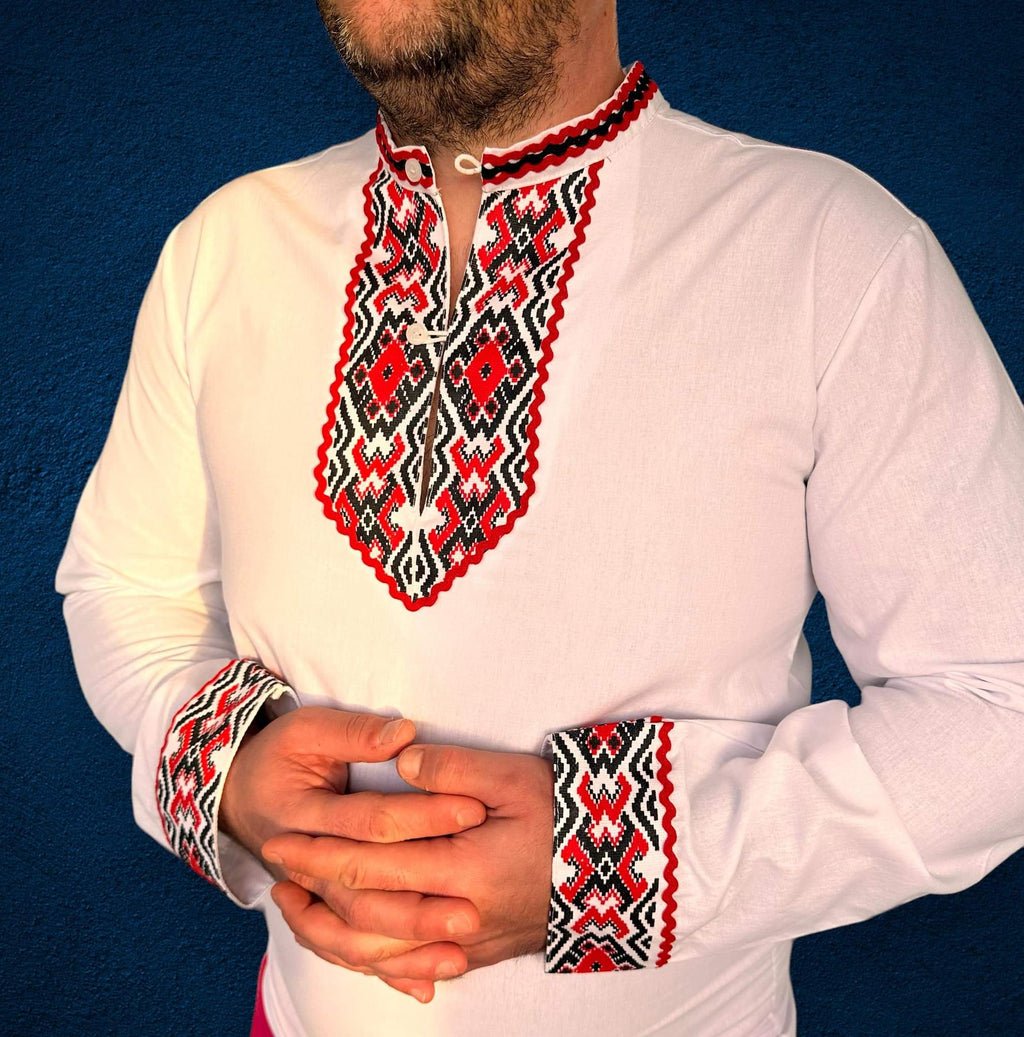 Мъжка народна риза с шевица „Корен“ Бяла